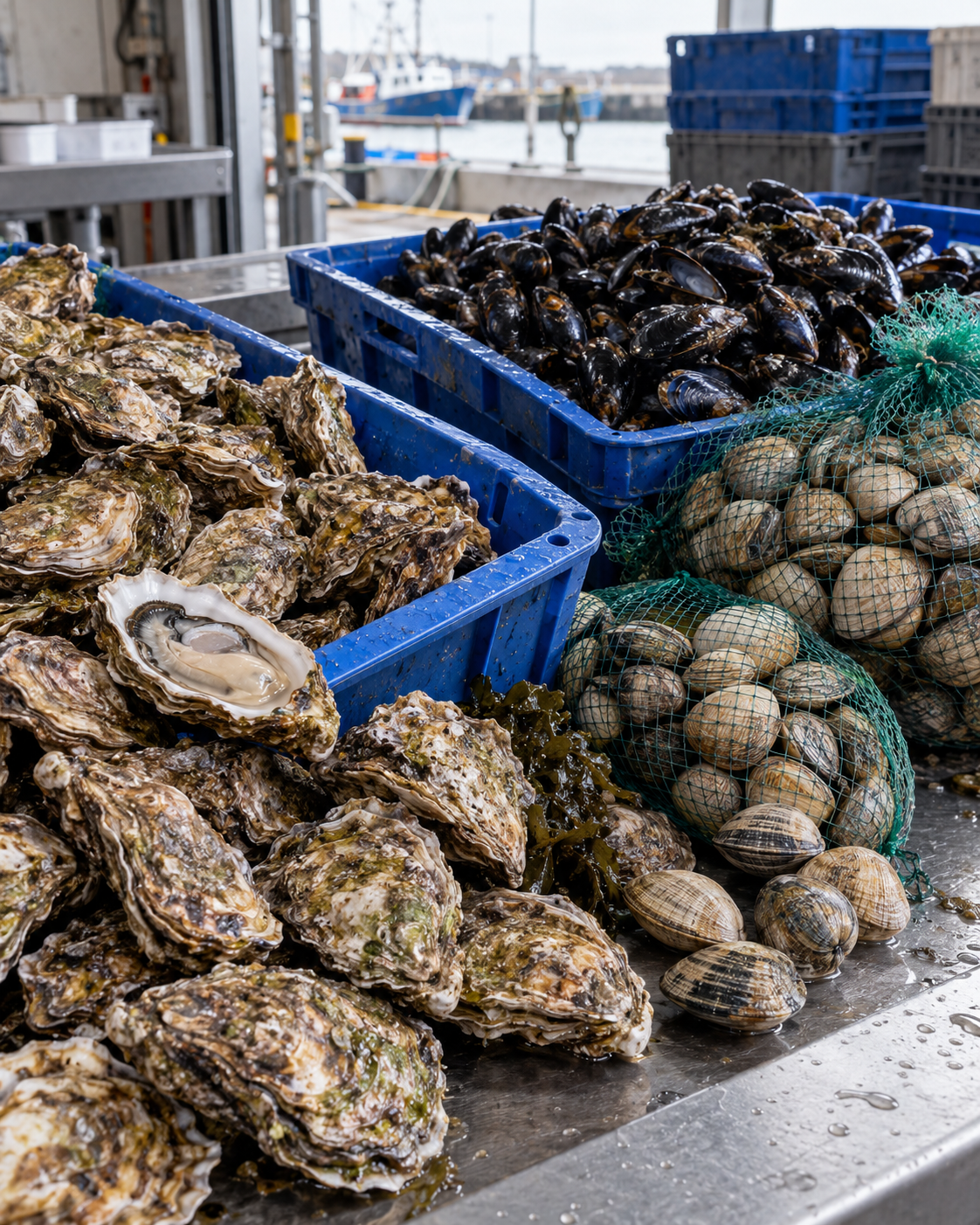 Huîtres, moules et palourdes en caisses professionnelles