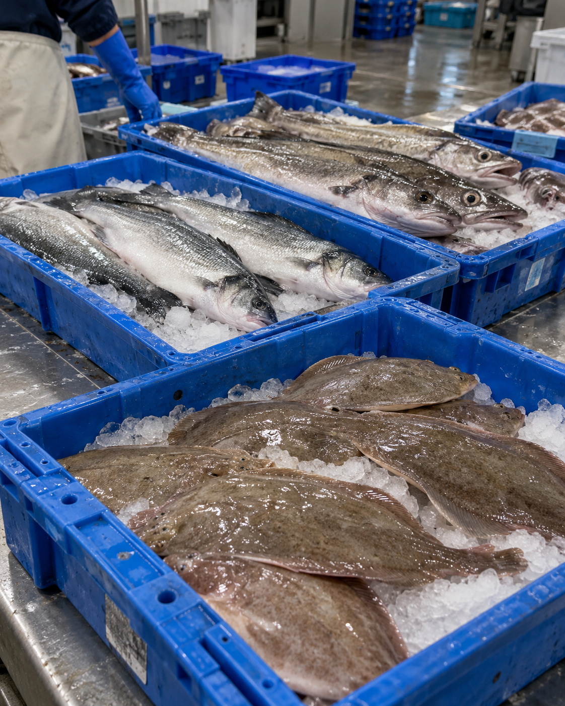 Poissons frais en caisses professionnelles sur glace